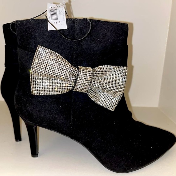 Torrid Sz 11.5WW new black faux suede with rhinestone bow, 3” stiletto bootie - Picture 2 of 4